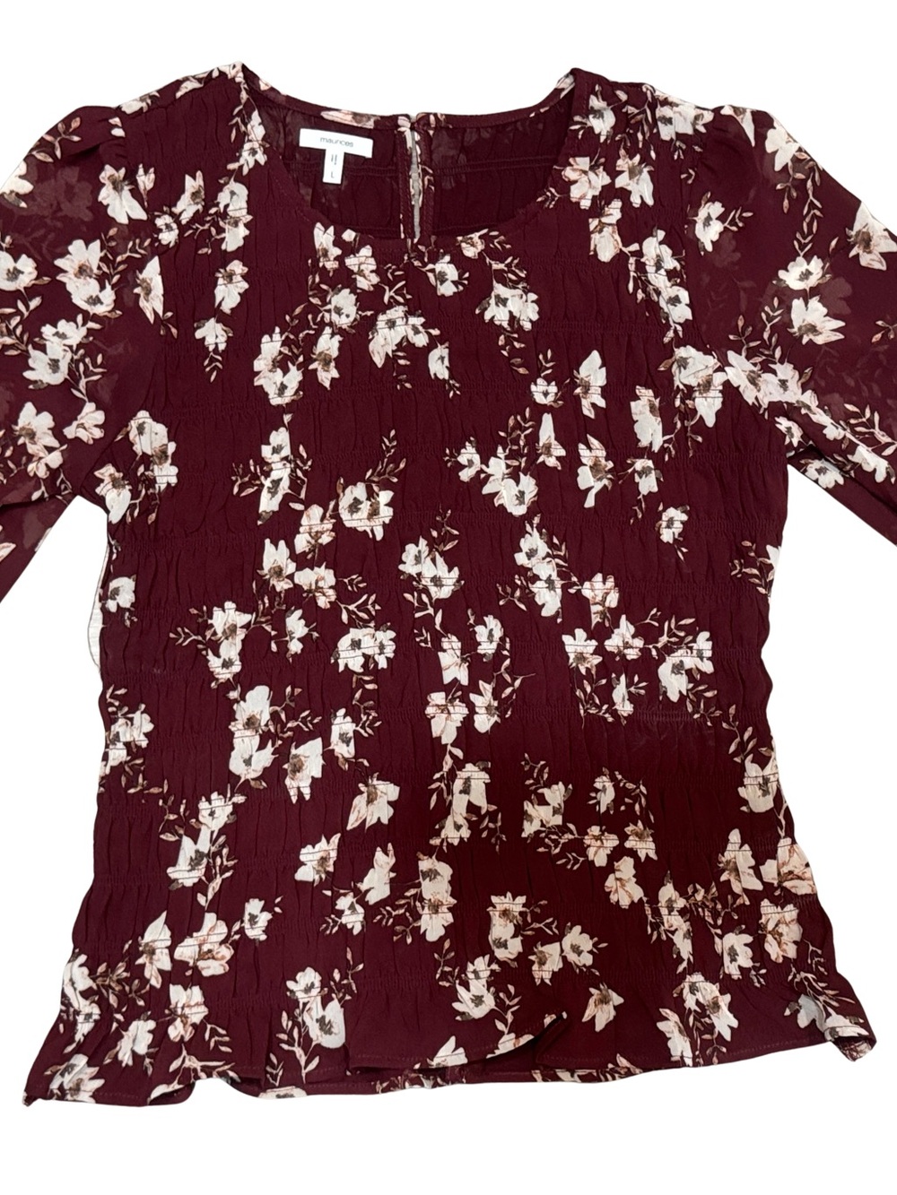Maurices Burgundy Floral Smocked Short-Sleeve Blouse